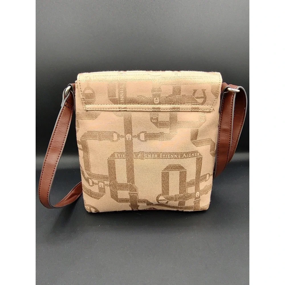 Etienne Aigner Crossbody‎ Bag Tan Monogram Leather Trim Adjustable Strap